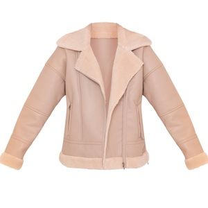 Beige faux leather borg lined biker detail aviator jacket by PRETTY LITTLE THING